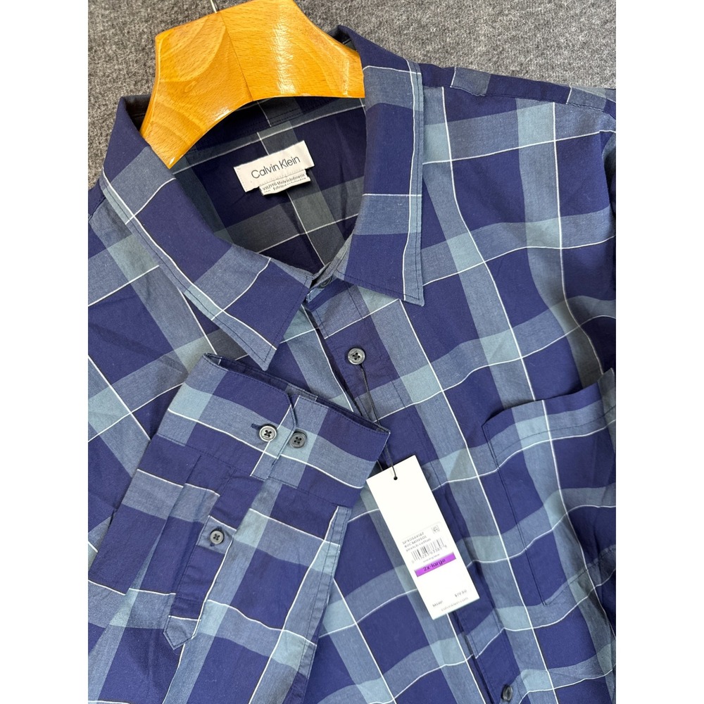 Calvin Klein Button Down Shirt Men 2XL Evening Blue Plaid Stretch Cotton NWT $80